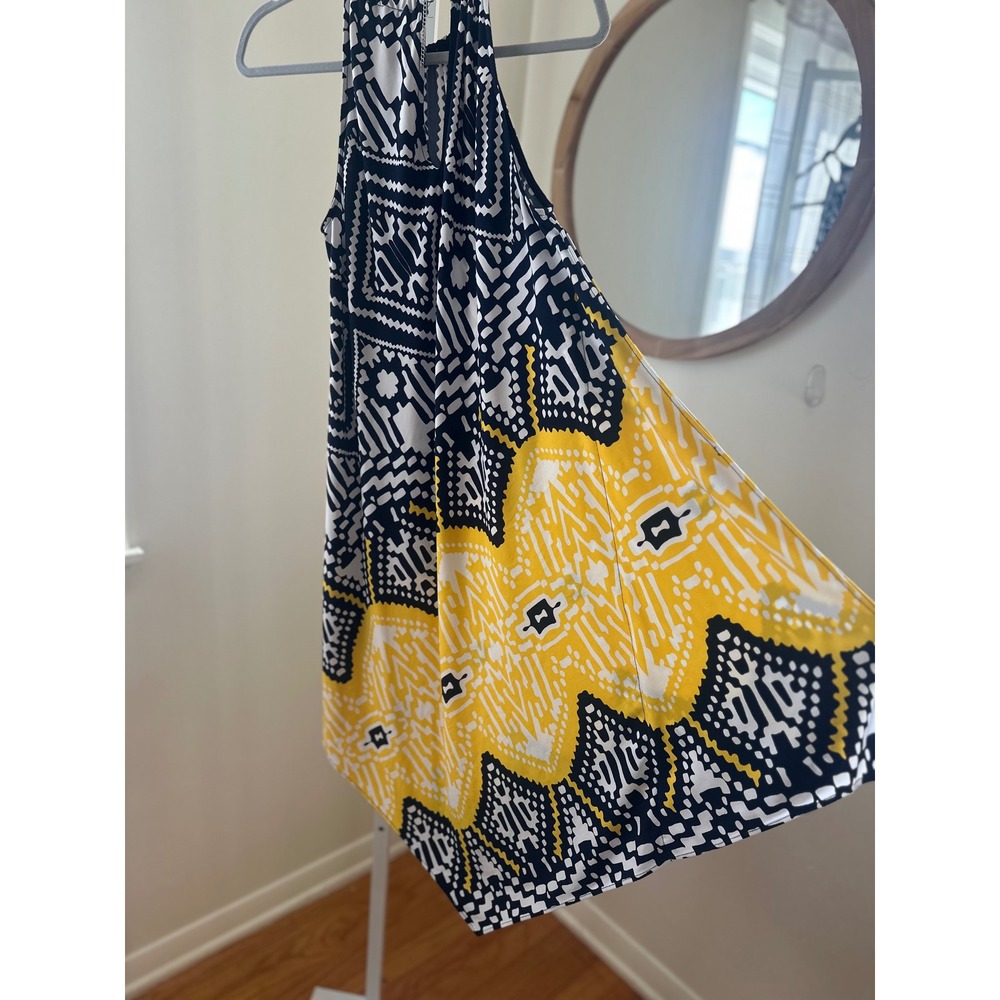 Dressbarn Halter Neck Handkerchief Hem‎ Dress Navy White Yellow Geometric L - Picture 4 of 8